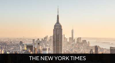 Tile image of the New York Times media company with an image of the NYC skyline at sunset. 